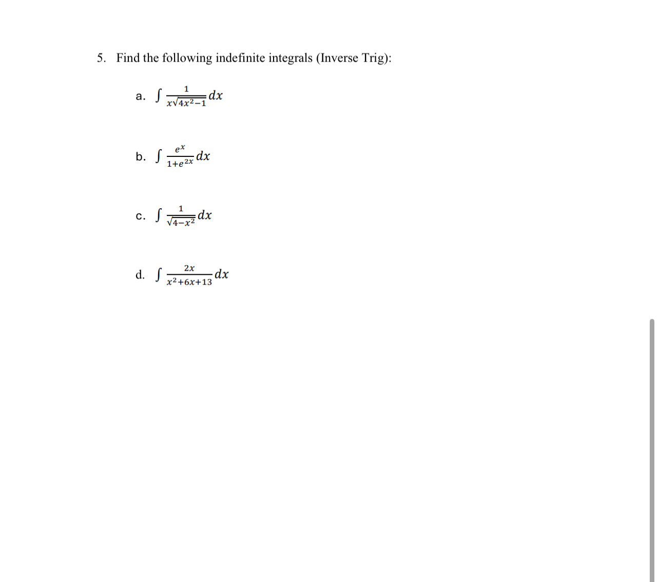 Find the following indefinite integrals ( Inverse
