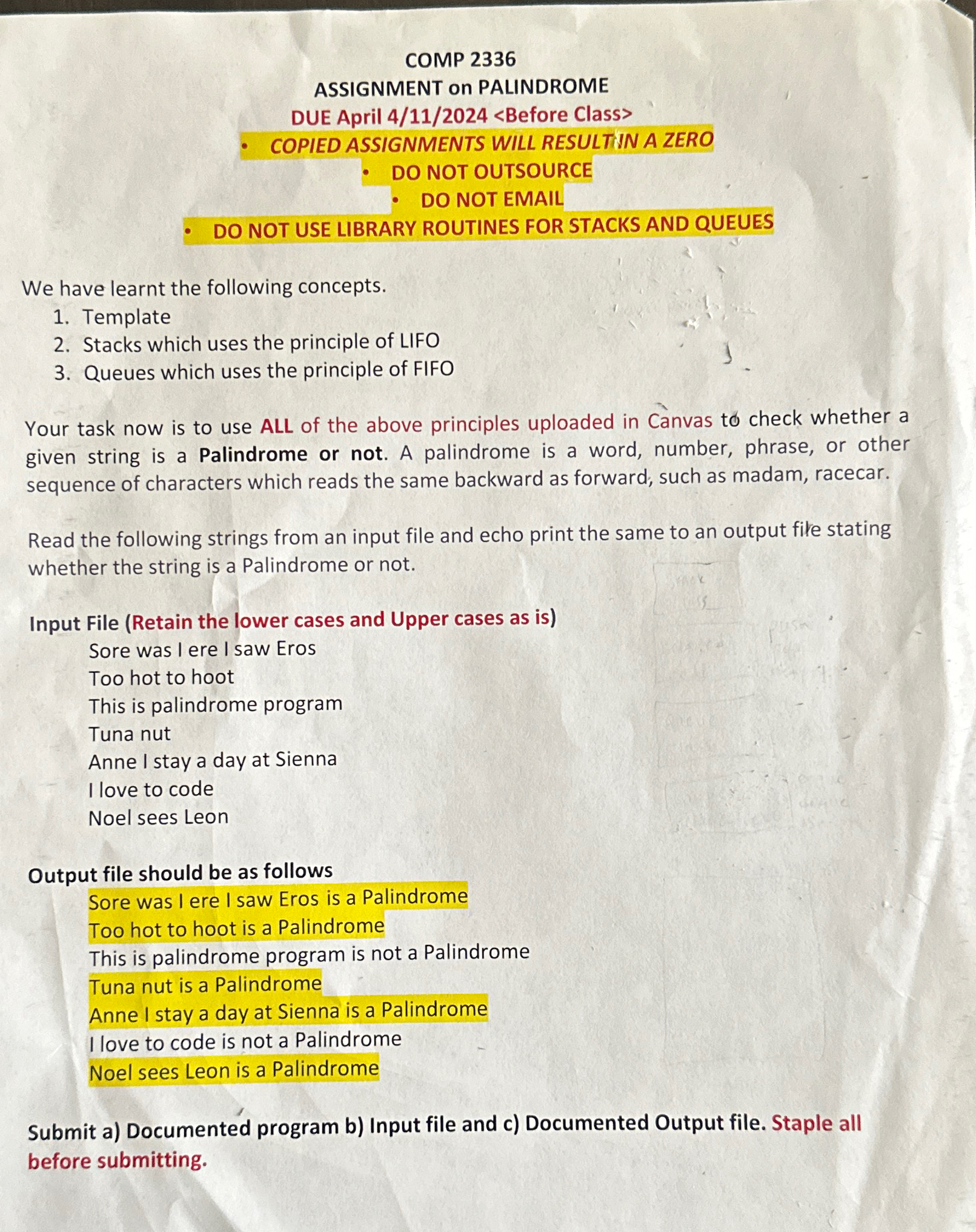 COMP 2 3 3 6 ASSIGNMENT ON PALINDROME DUE April 4