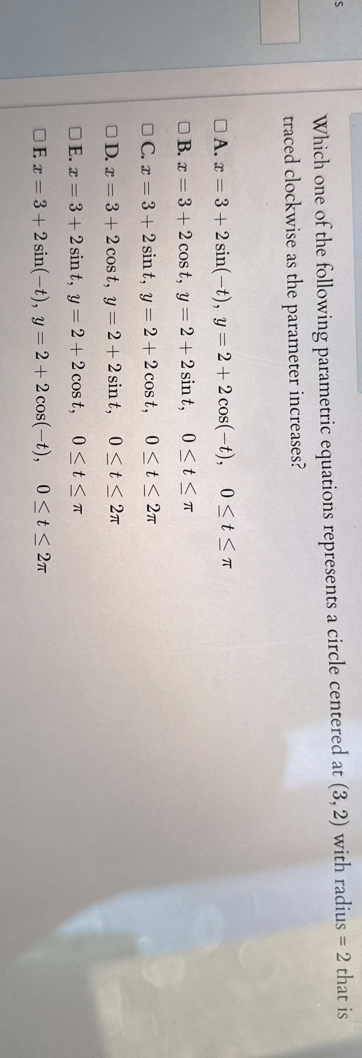Which one of the following parametric equations