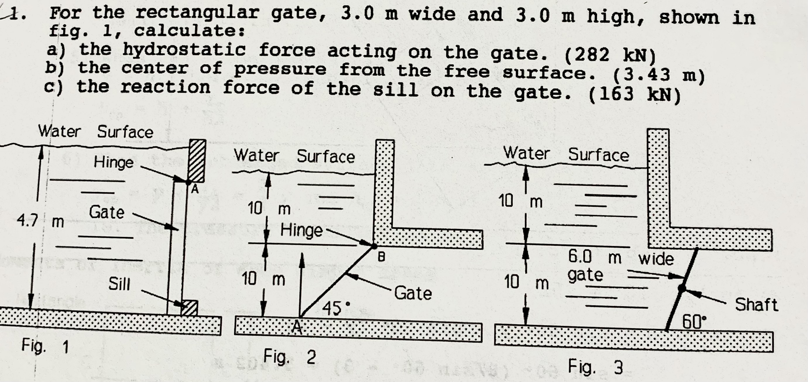 1 . For the rectangular gate, 3 . 0 m wide and 3
