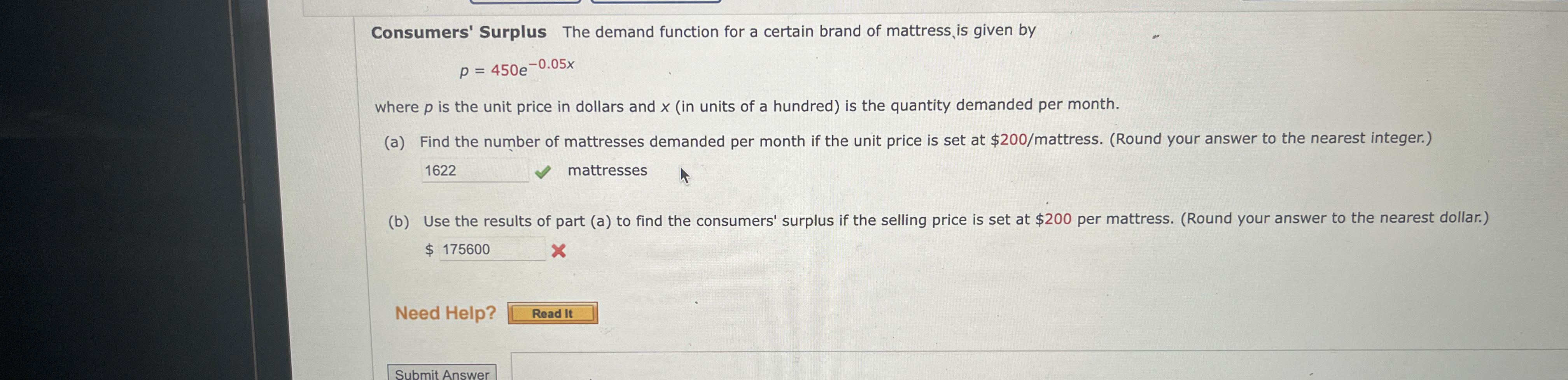 Consumers' Surplus The demand function for a