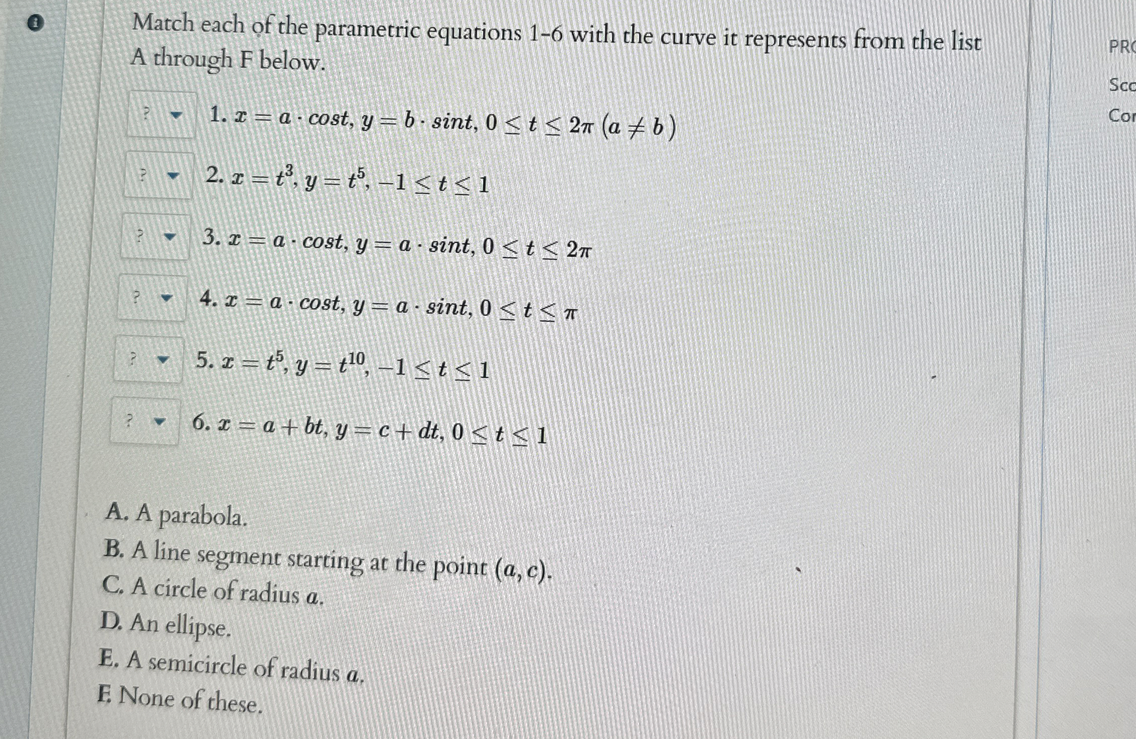 ( 1 ) Match each of the parametric equations 1 -