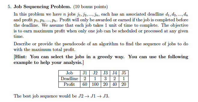 Job Sequencing Problem. ( 1 0 bonus points ) In