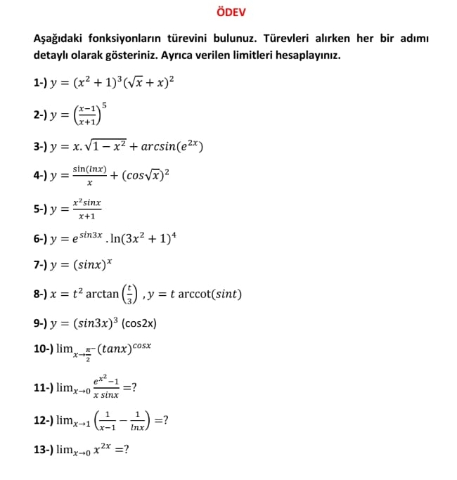 DEV A a daki fonksiyonlar n t revini bulunuz. T