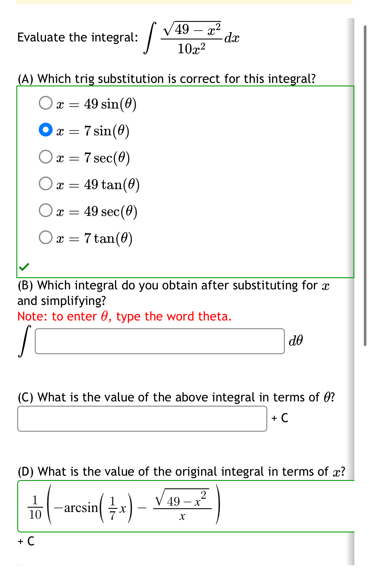 Evaluate the integral: 4 9 - x 2 2 1 0 x 2 d x (