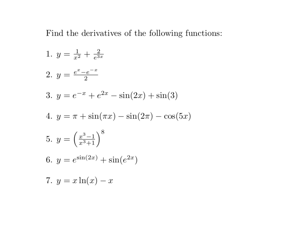 Find the derivatives of the following functions:
