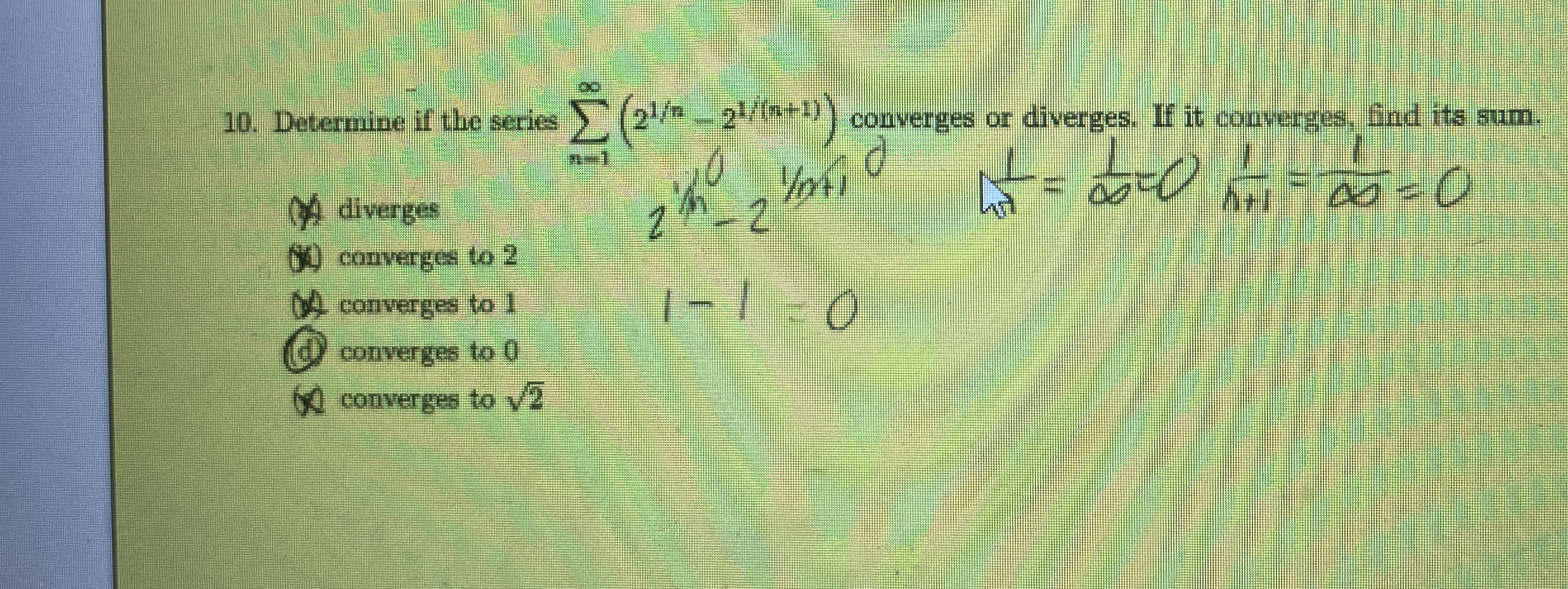 Determine if the series n = 1 ( 2 1 n - 2 1 n + 1