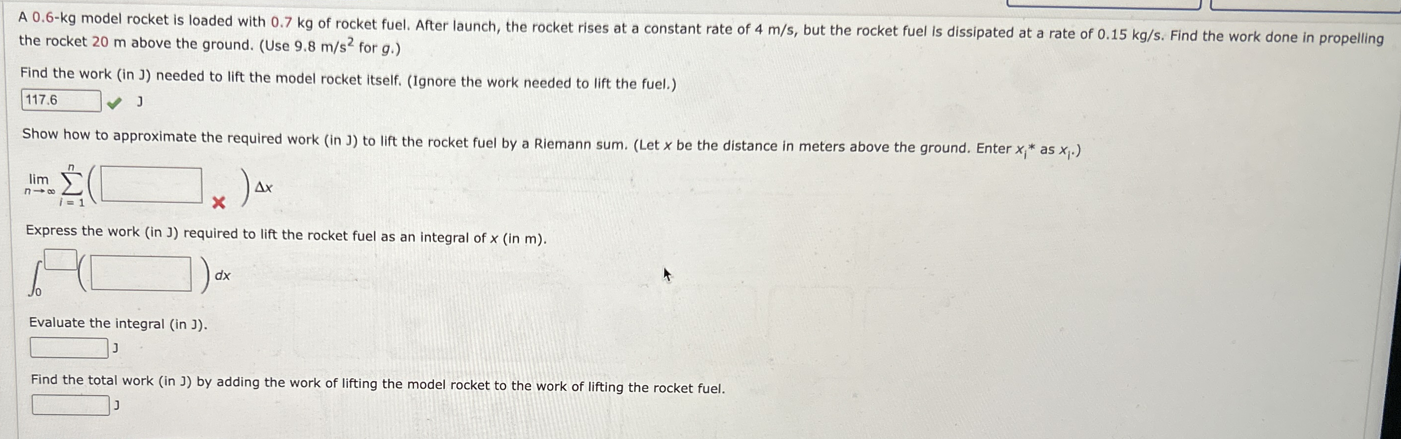 A 0 . 6 - k g model rocket is loaded with 0 . 7