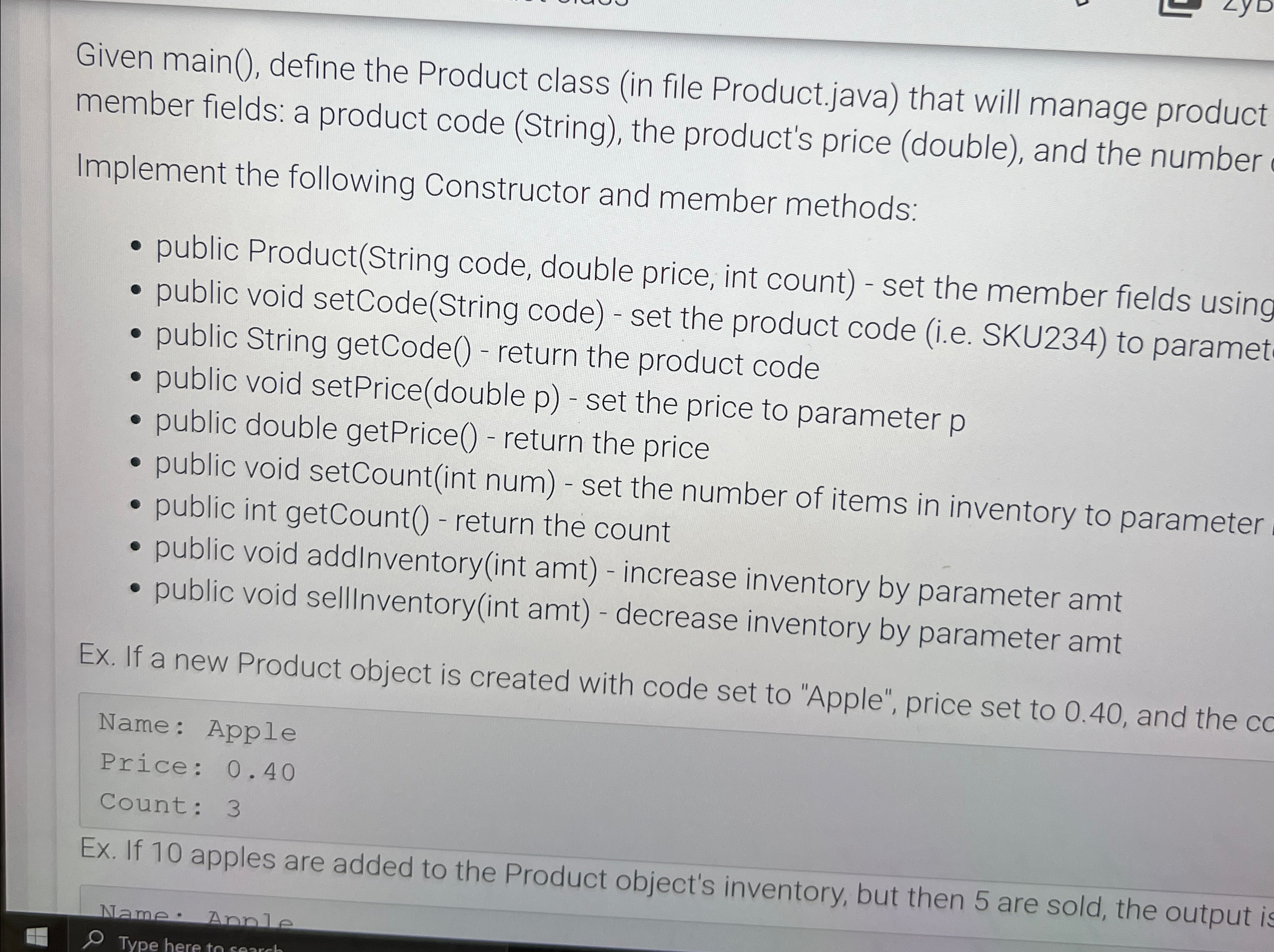 Given main ( ) , define the Product class ( in