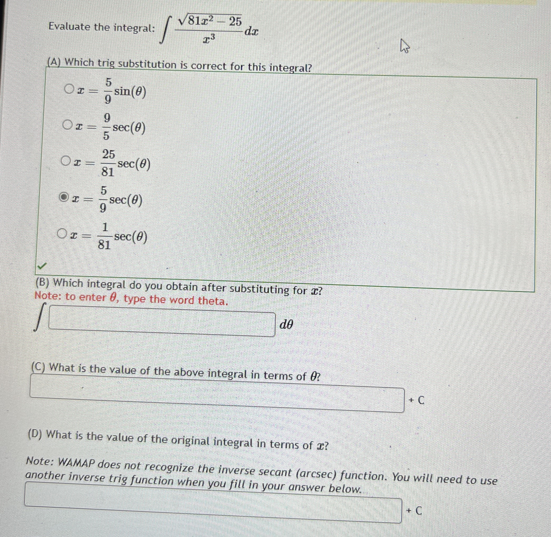 Evaluate the integral: 8 1 x 2 - 2 5 2 x 3 d x (