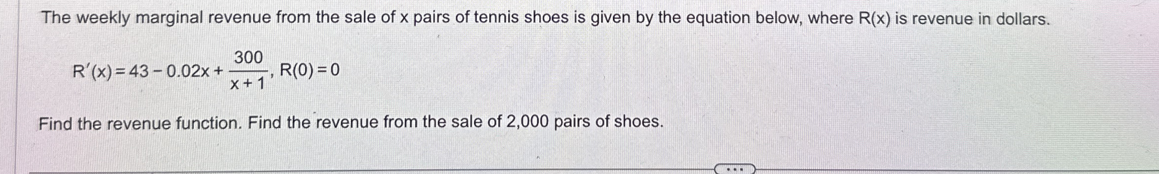 The weekly marginal revenue from the sale of x