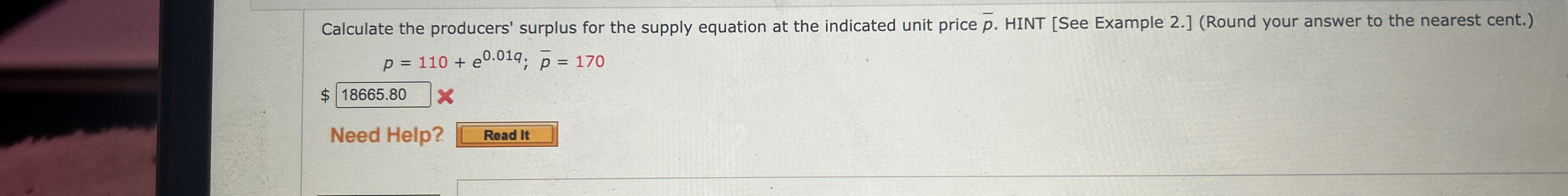 Calculate the producer surplus for the supply
