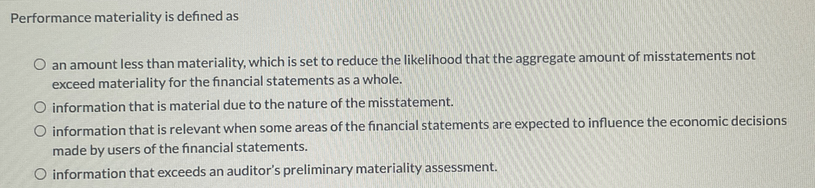 Performance materiality is defined as an amount