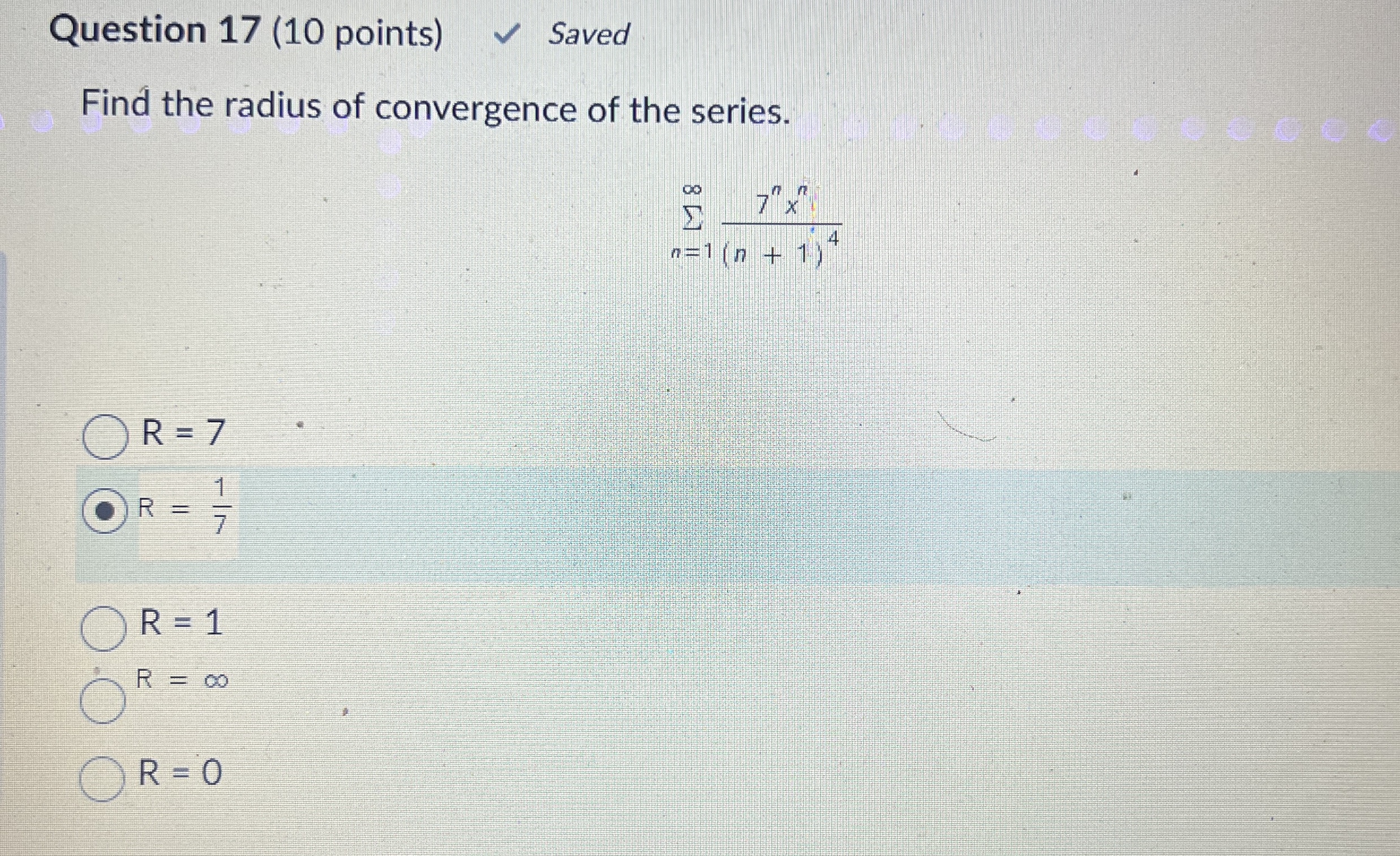 Question 1 7 ( 1 0 points ) Saved Find the radius