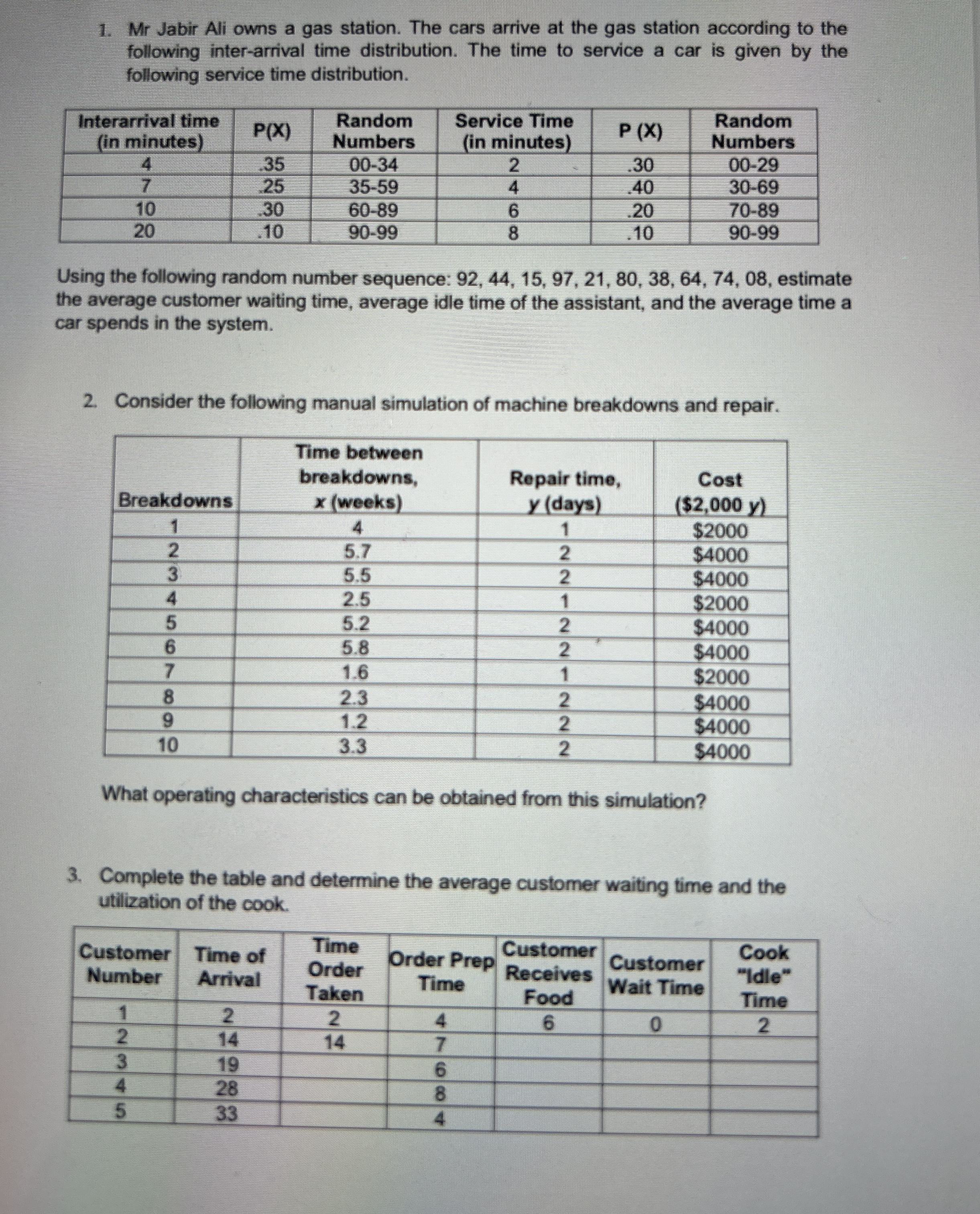 Mr Jabir Ali owns a gas station. The cars arrive