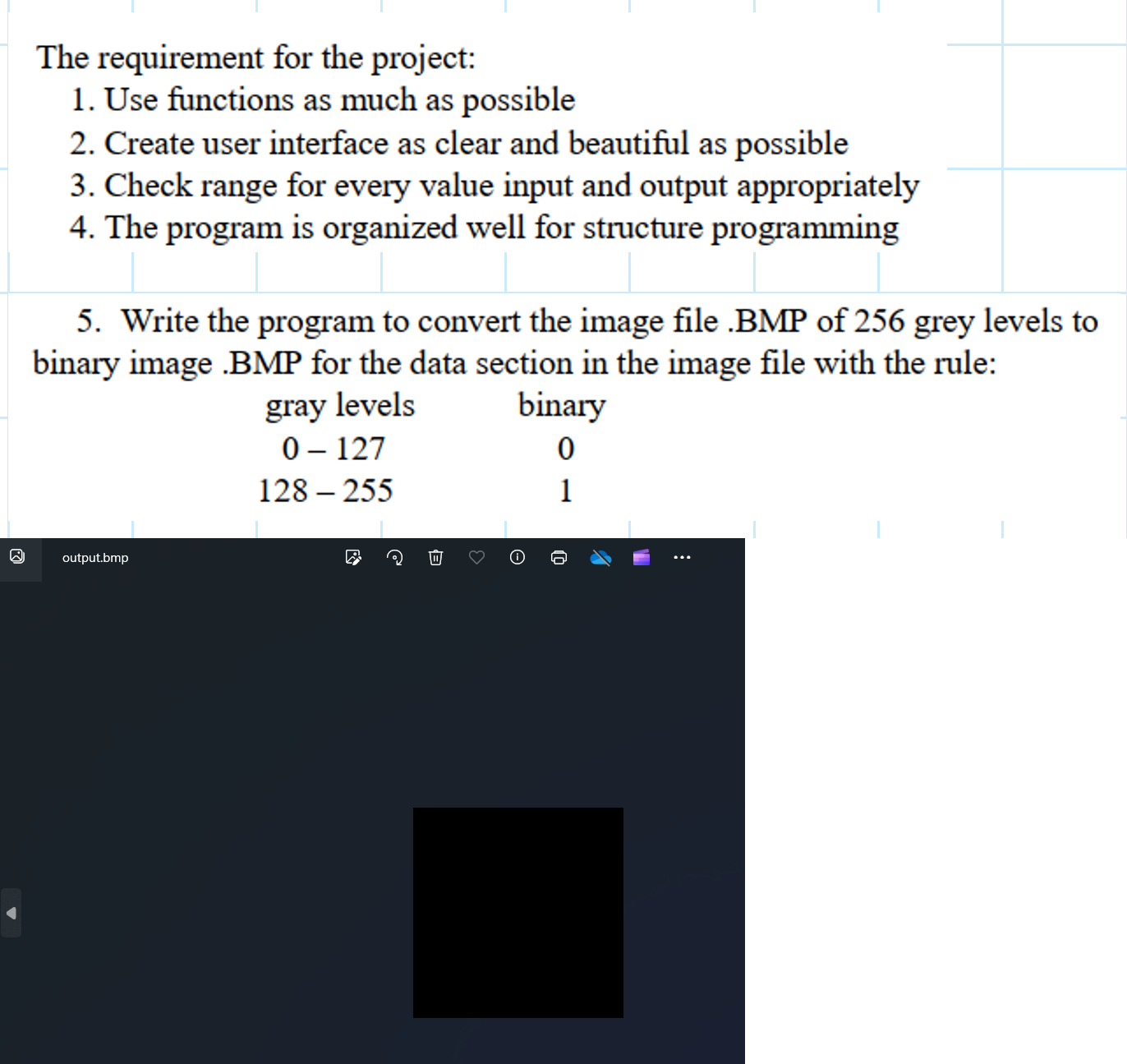 I can't see the binary output in output.BMP the