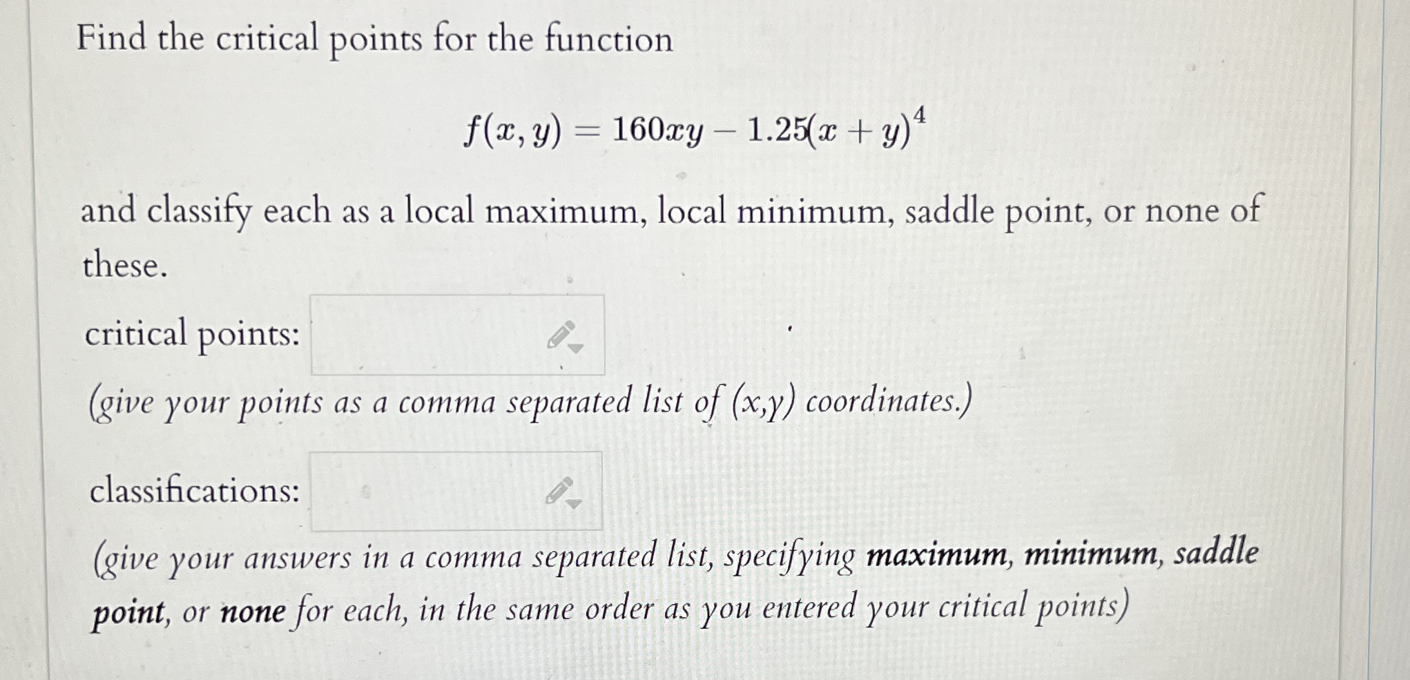 Find the critical points for the function f ( x ,