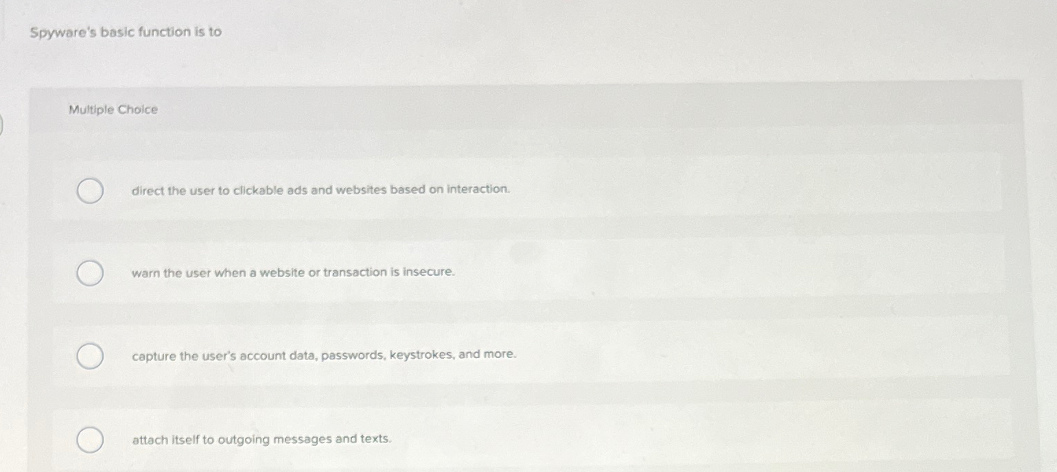 Spyware's basic function is to Multiple Choice