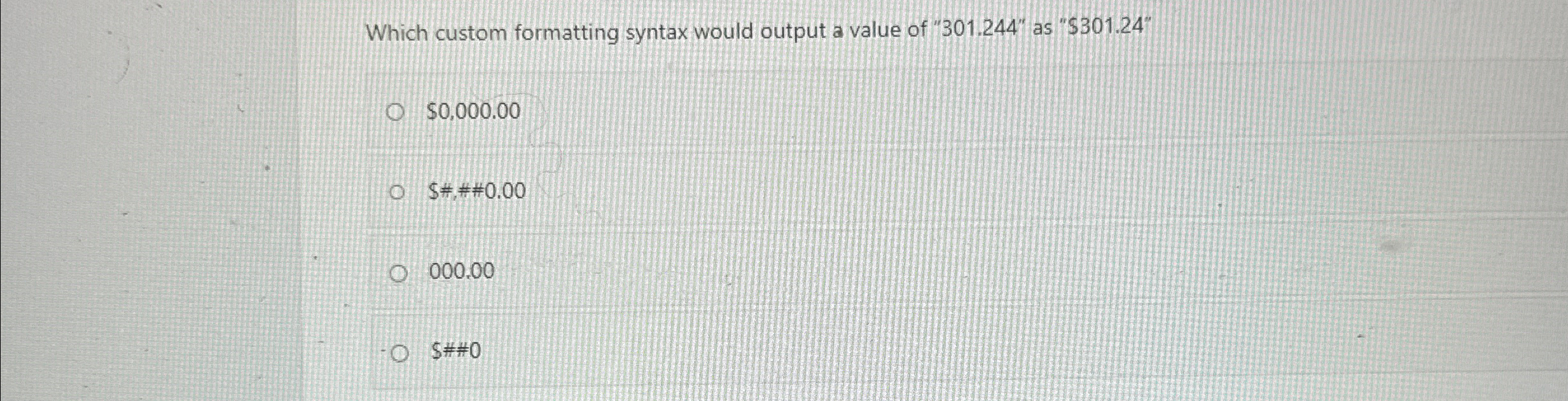 Which custom formatting syntax would output a