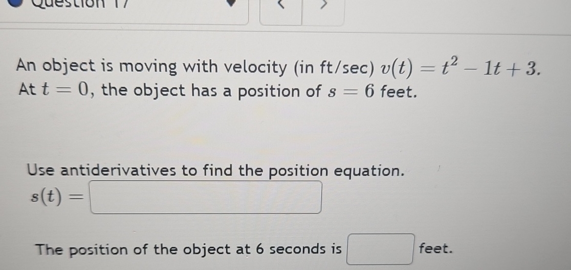 An object is moving with velocity ( in f t s e c