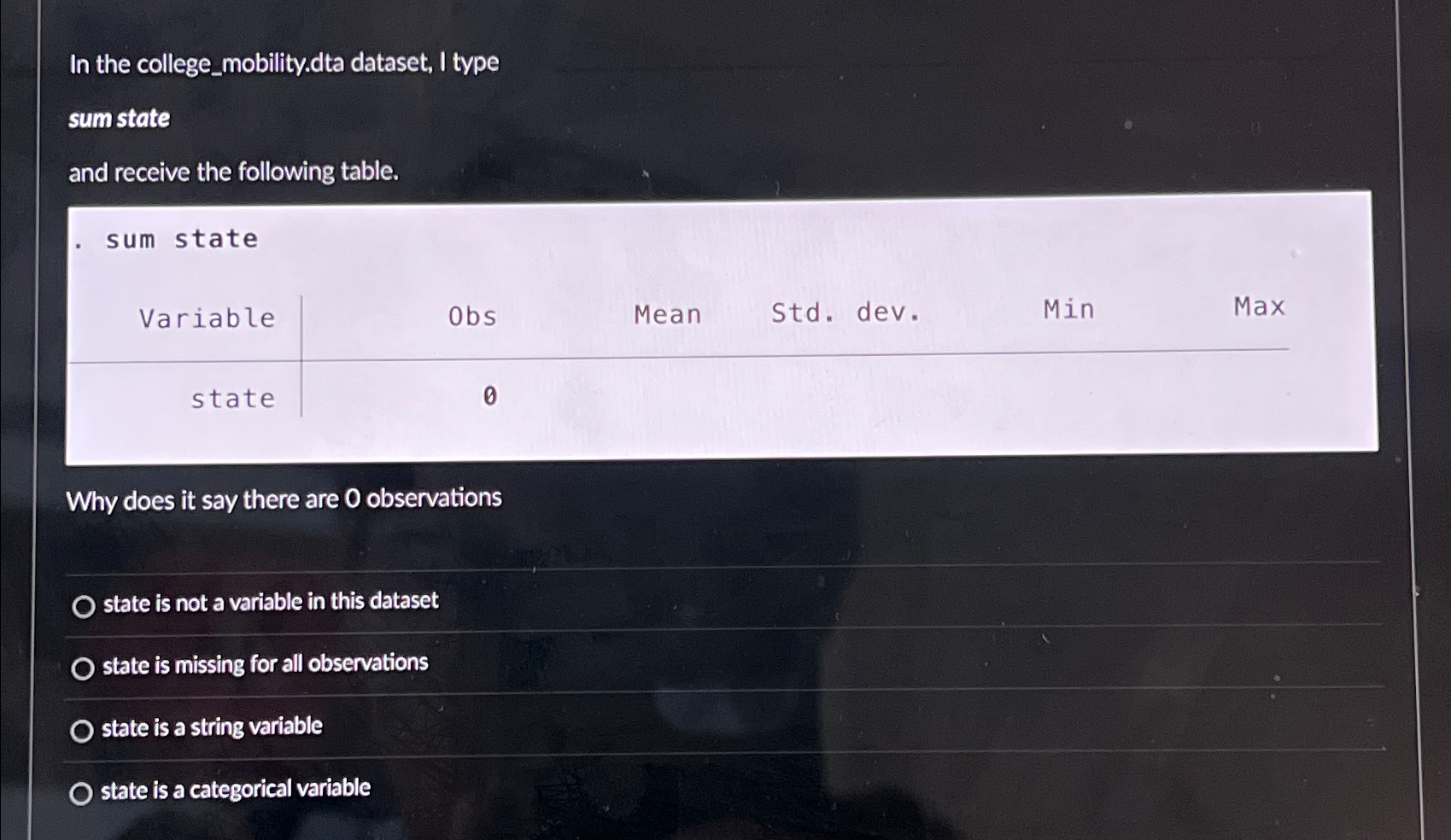 In the college _ mobility.dta dataset, I type sum
