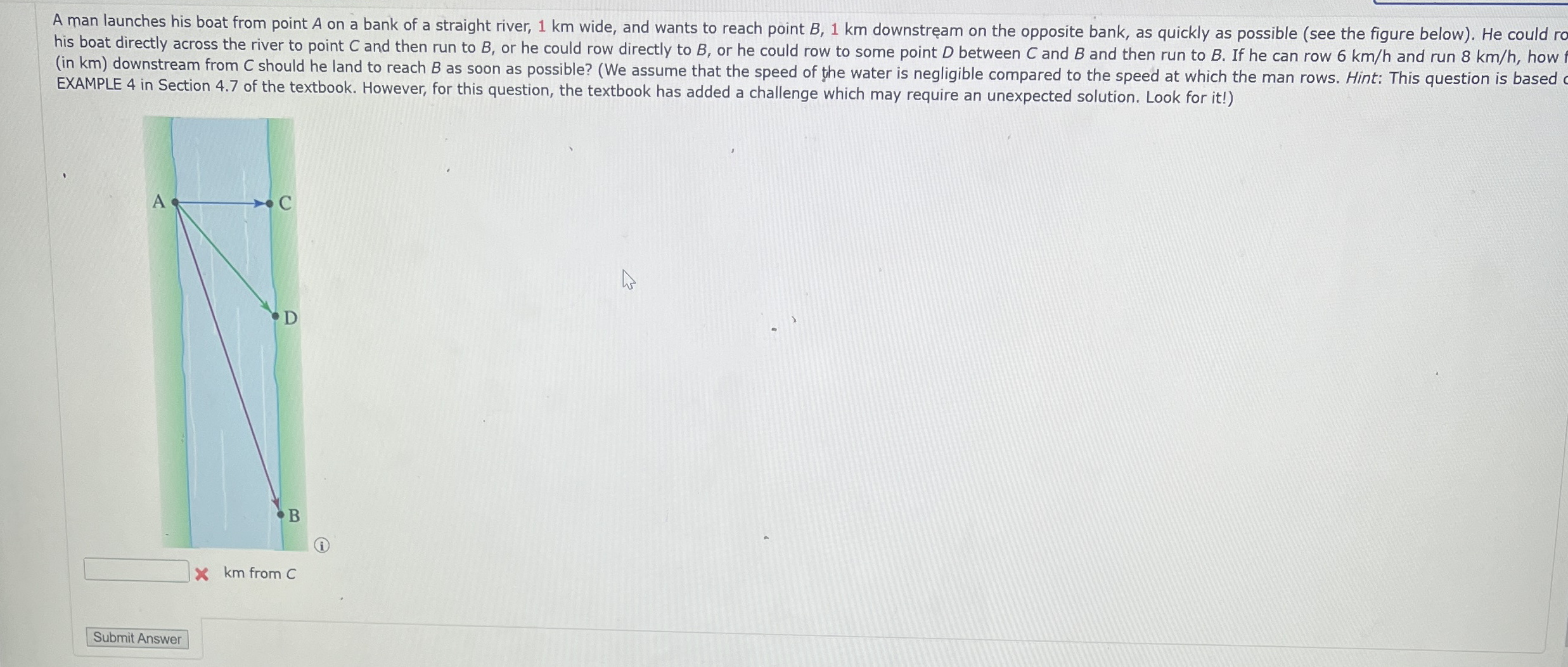 A man launches his boat from point A on a bank of