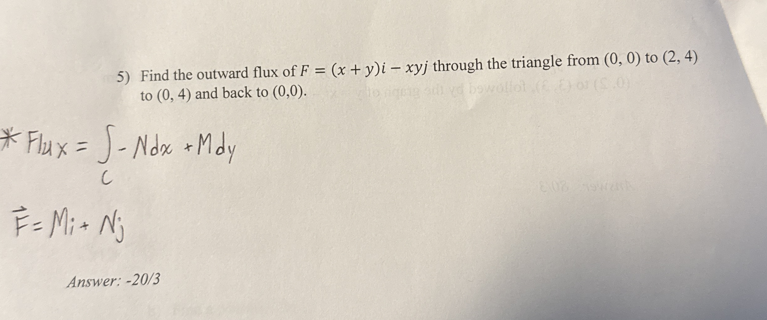 Find the outward flux of through the triangle