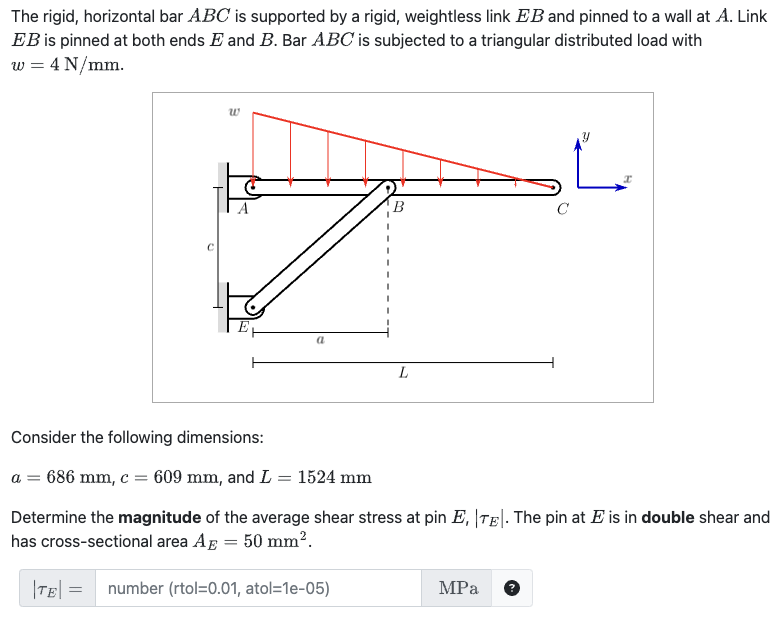 The rigid, horizontal bar ABC is supported by a