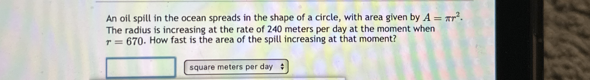 An oil spill in the ocean spreads in the shape of