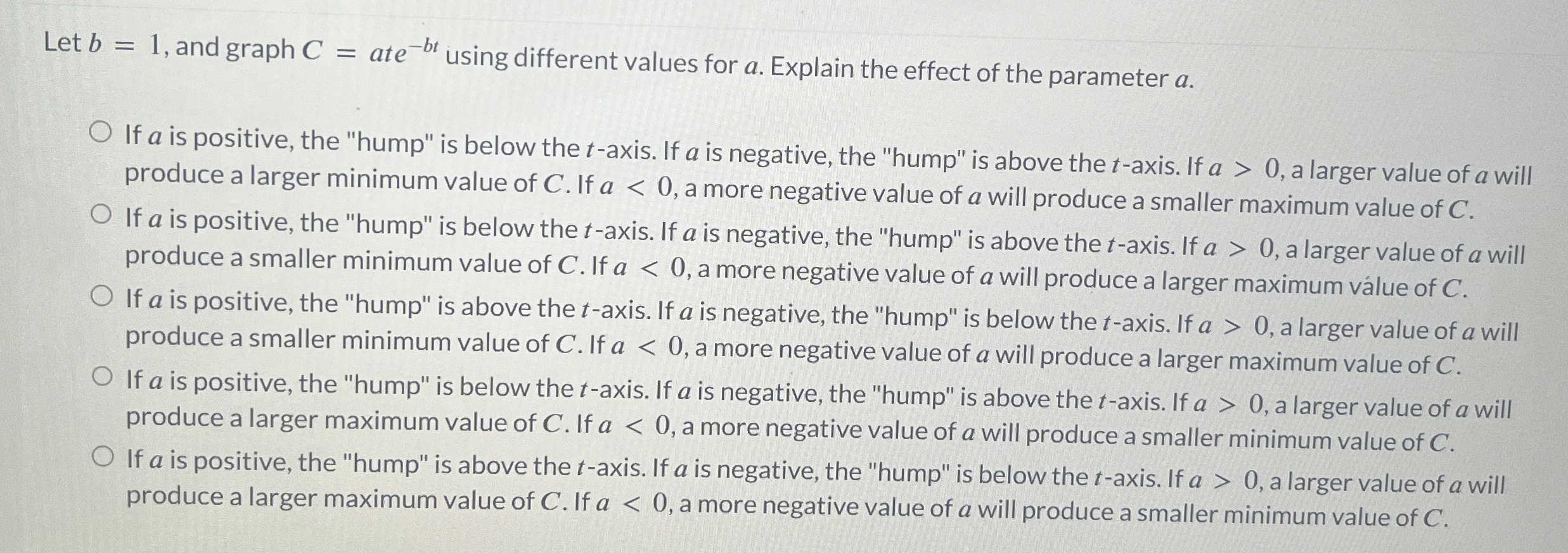 Let b = 1 , and graph C = a t e - b t using