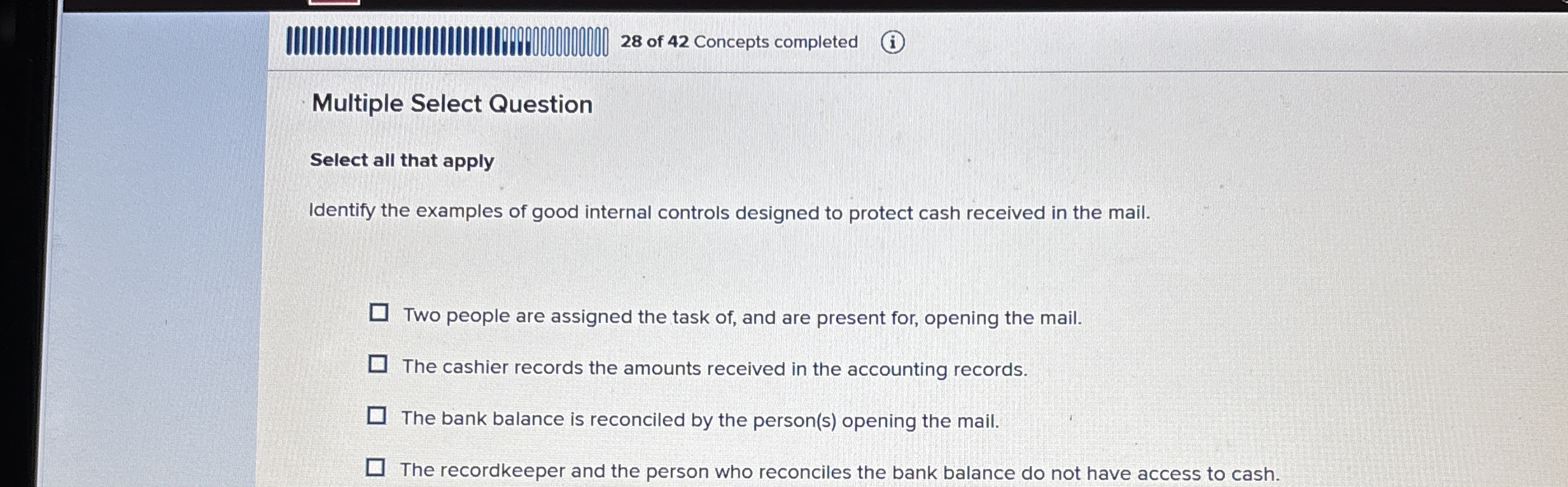 2 8 of 4 2 Concepts completed Multiple Select