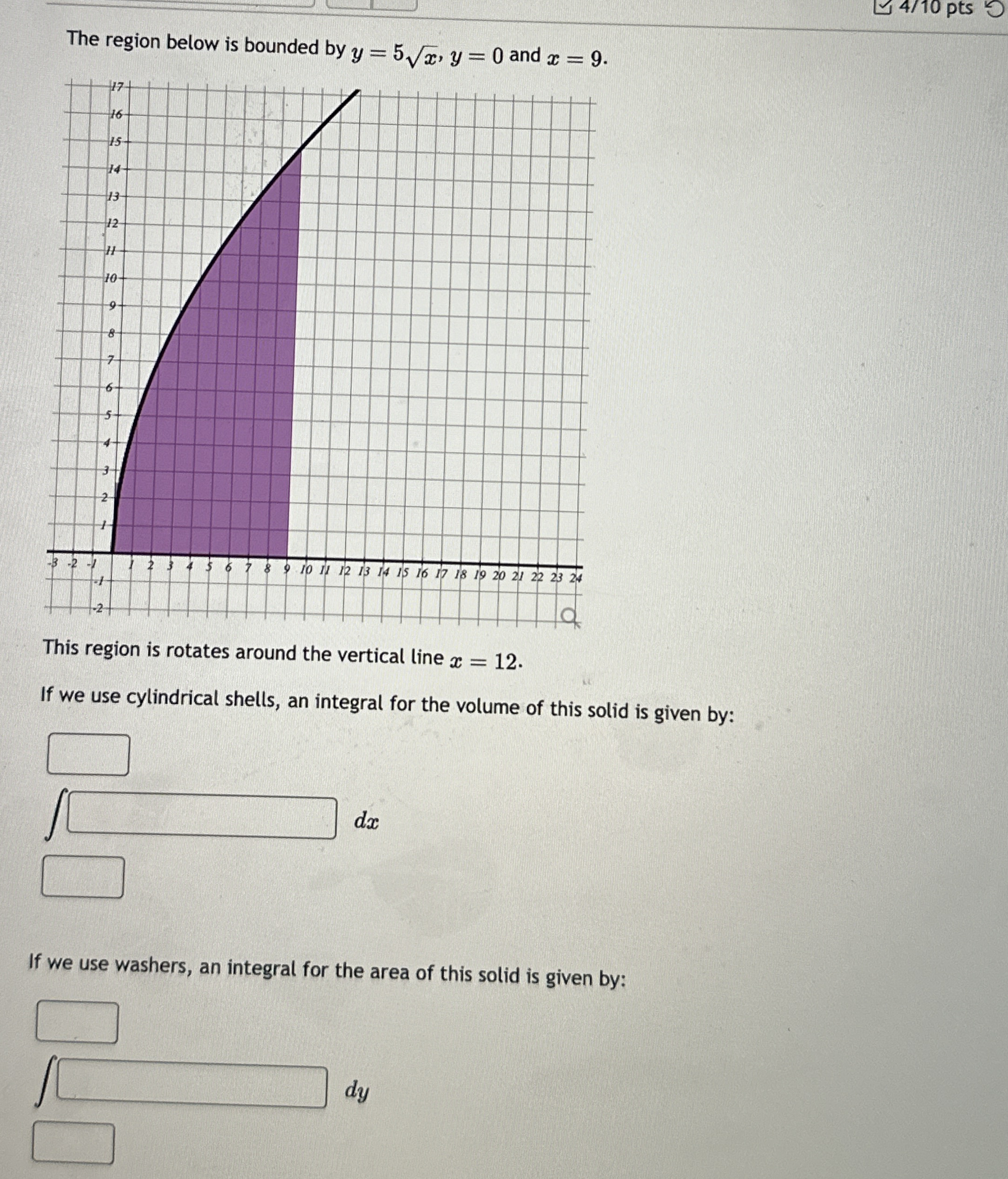 The region below is bounded by y = 5 x 2 , y = 0