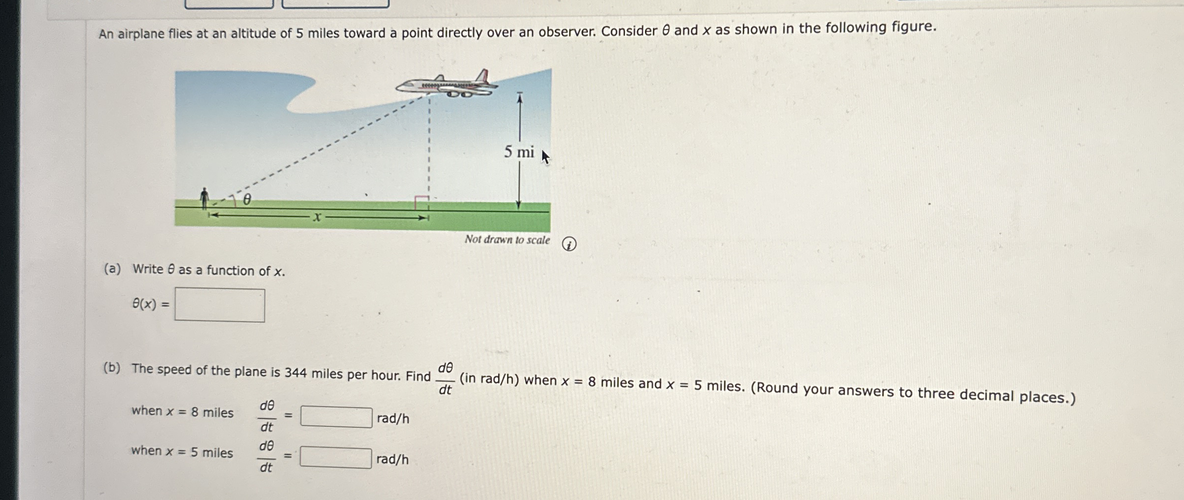 An airplane flies at an altitude of 5 miles