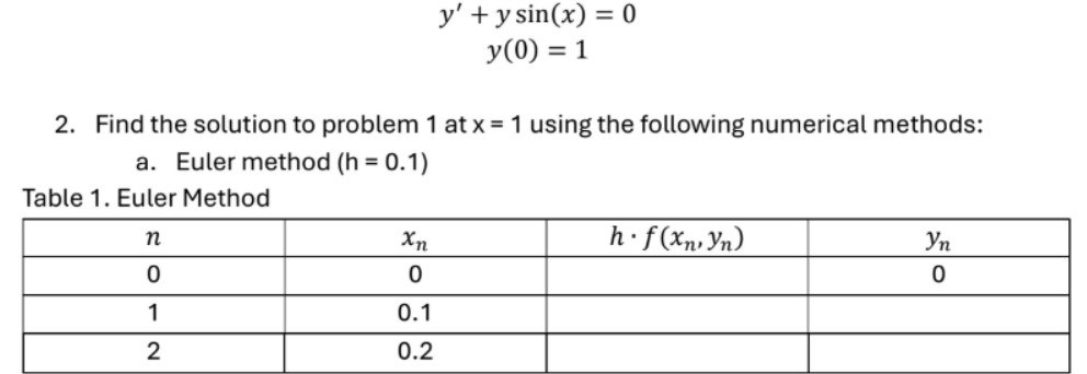 y ^ ( ' ) + ysin ( x ) = 0 y ( 0 ) = 1 Find the