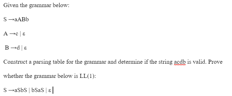 Given the grammar below: S aABb A c | B d |