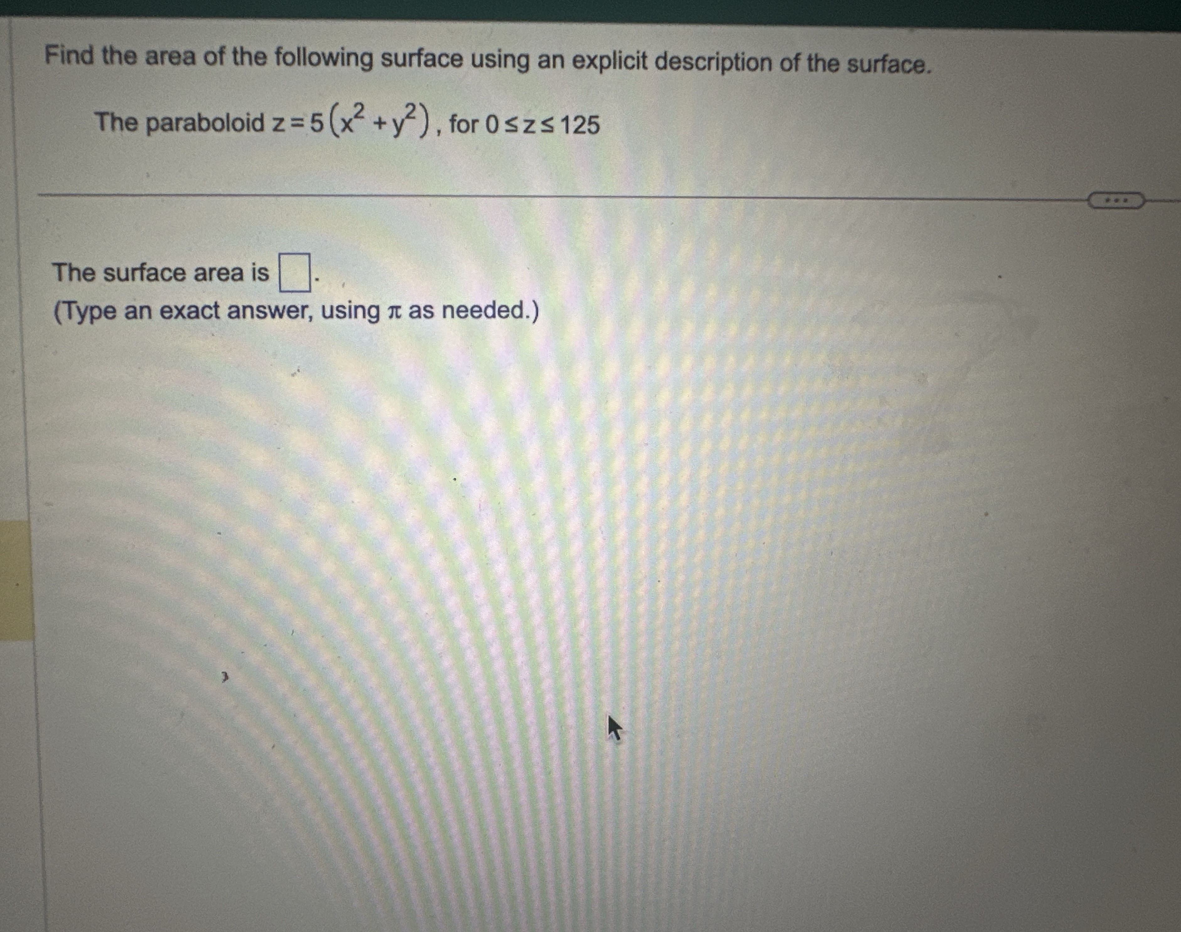 Find the area of the following surface using an