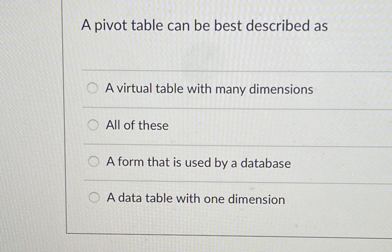 A pivot table can be best described as A virtual