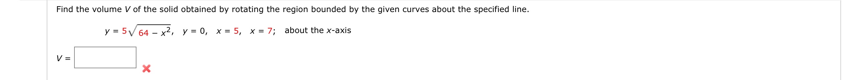 Find the volume V of the solid obtained by