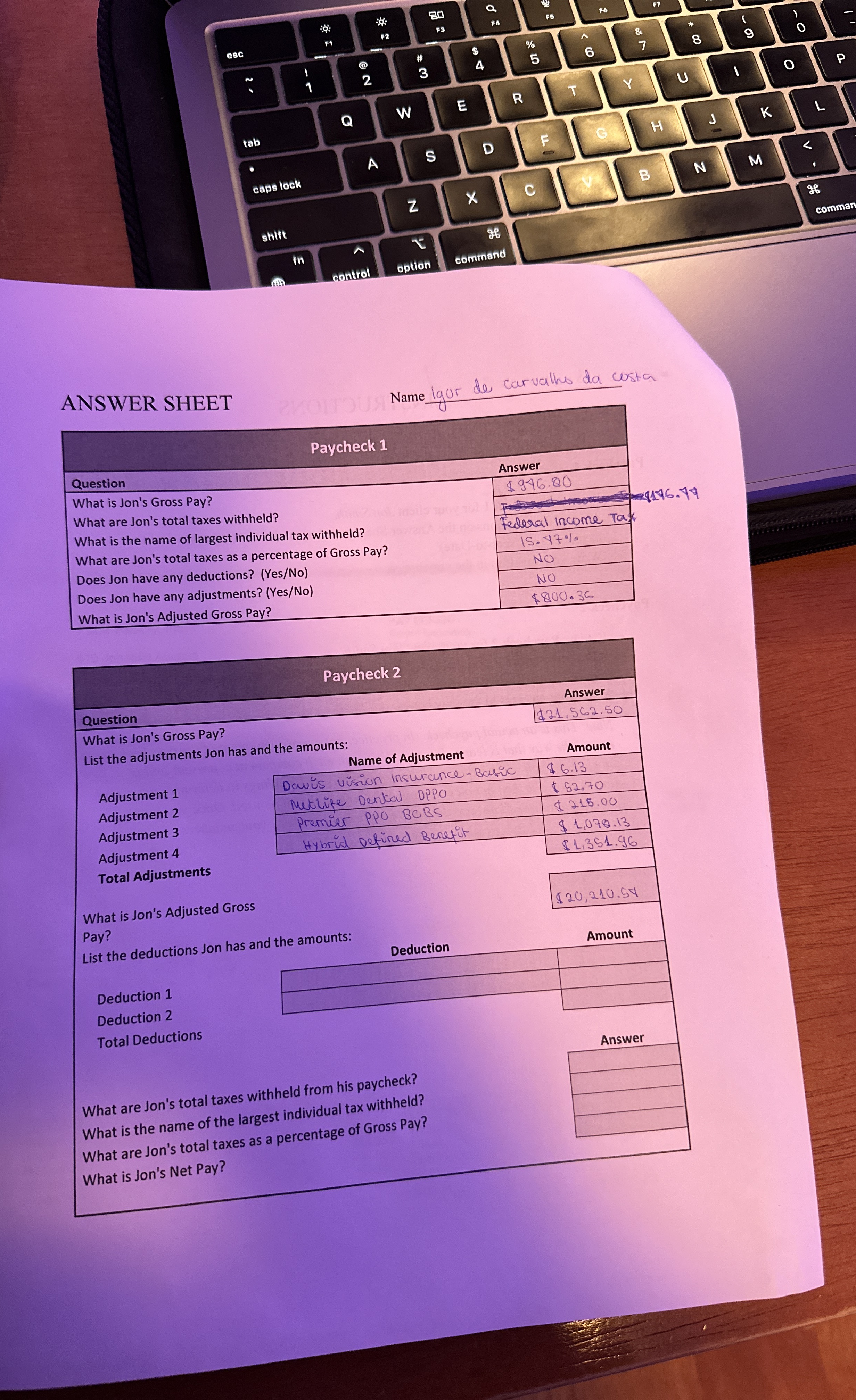 ANSWER SHEET Name Igor de carvalho da costa