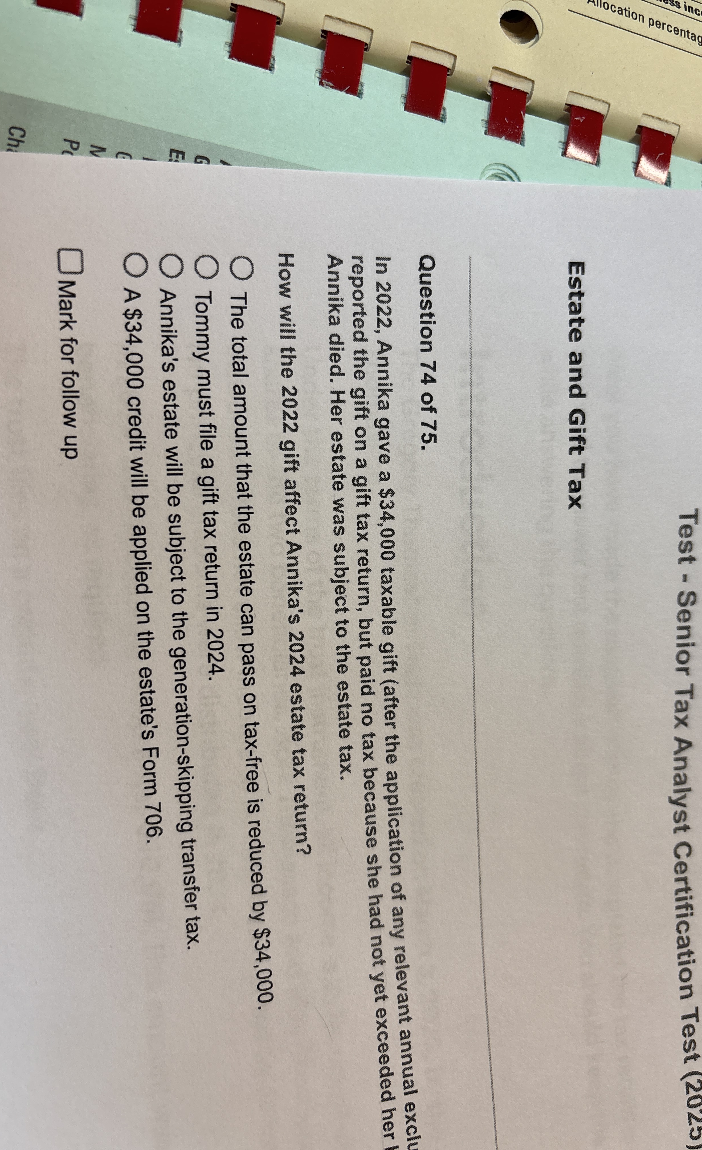 Test - Senior Tax Analyst Certification Test ( 2