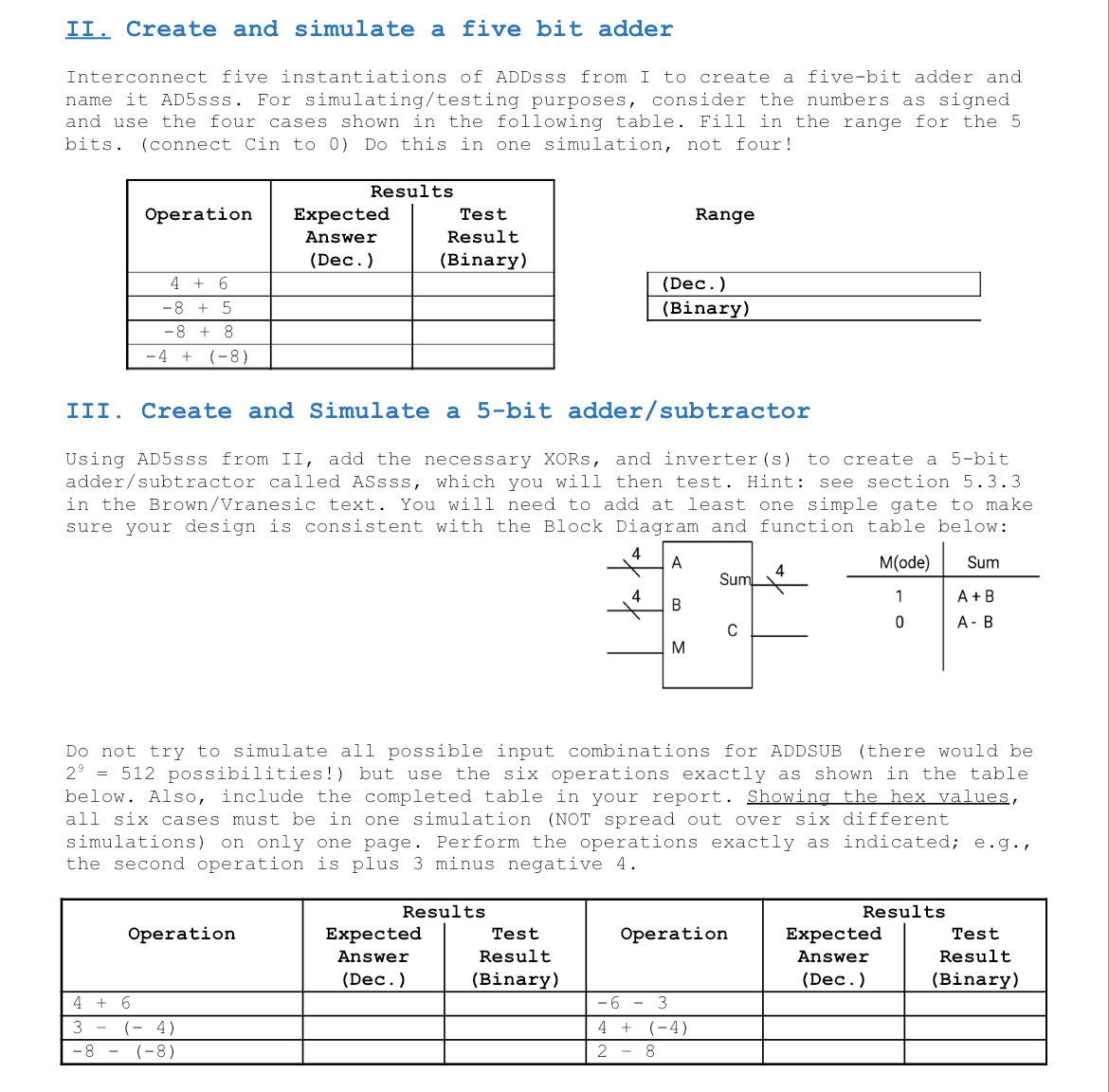 II . Create and simulate a five bit adder