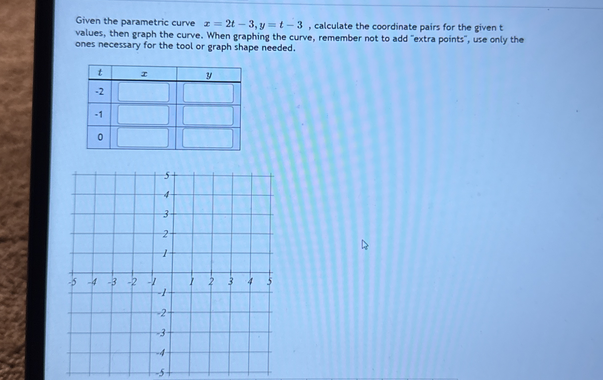 Given the parametric curve x = 2 t - 3 , y = t -