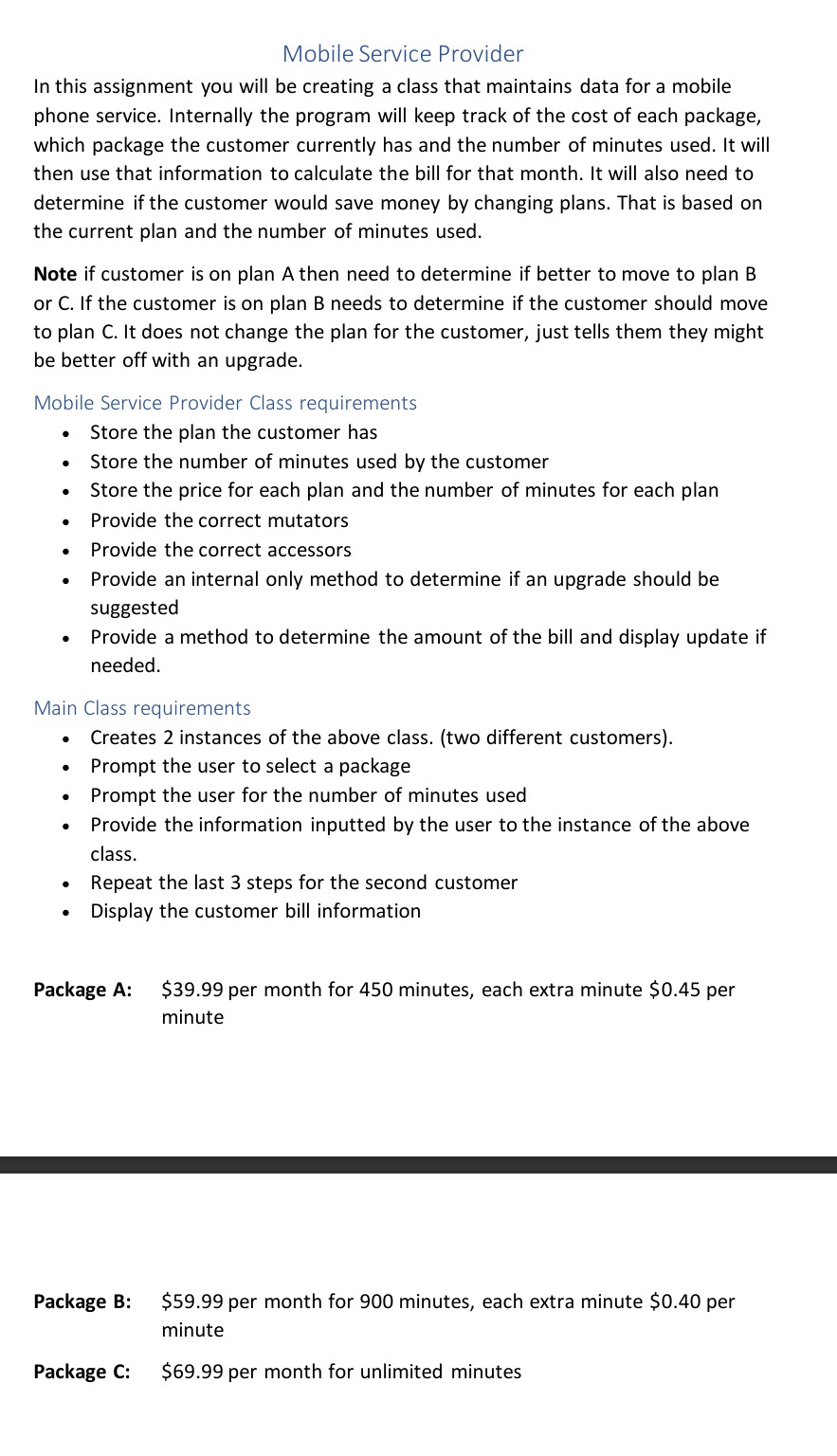 Mobile Service Provider In this assignment you