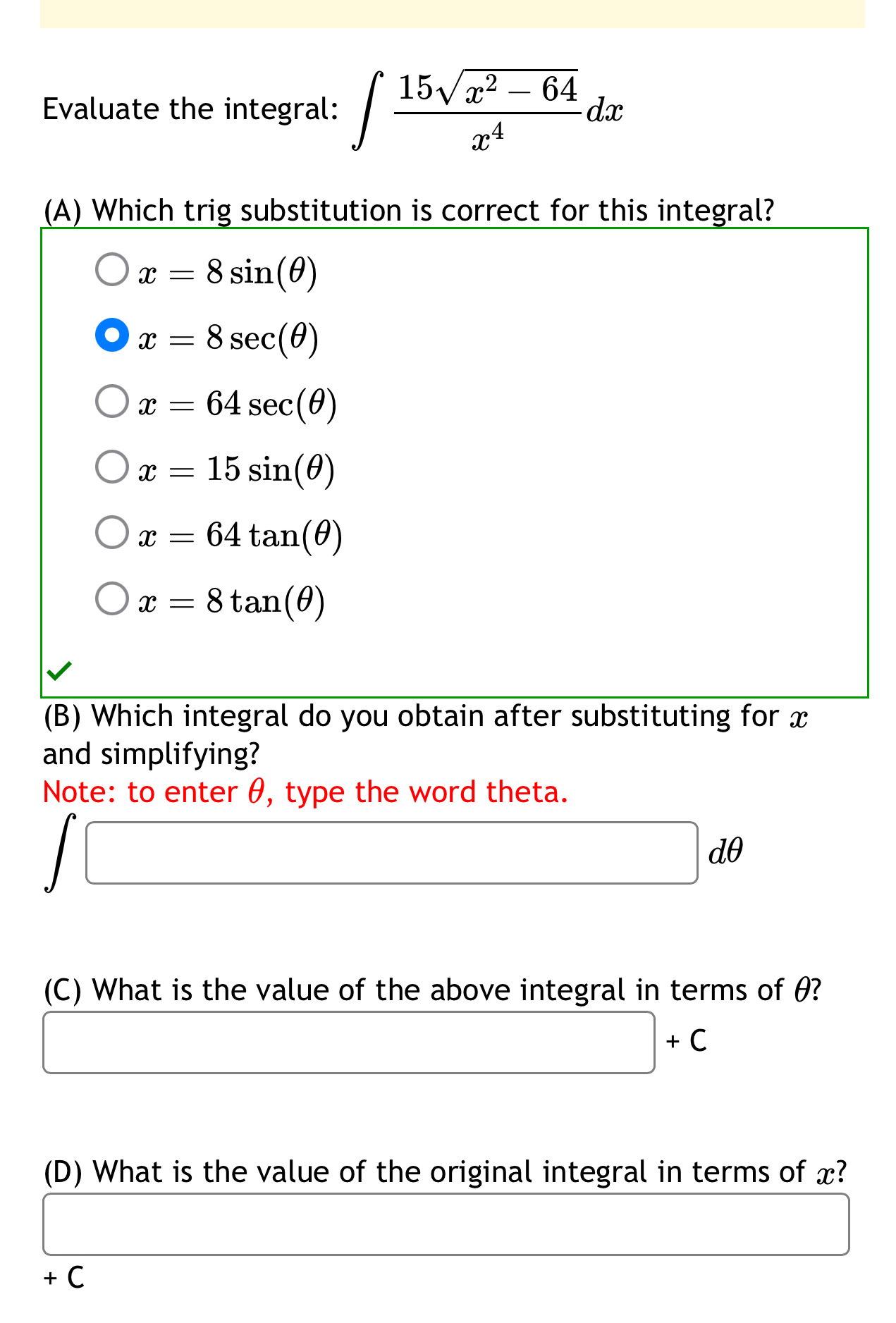 Evaluate the integral: 1 5 x 2 - 6 4 2 x 4 d x (