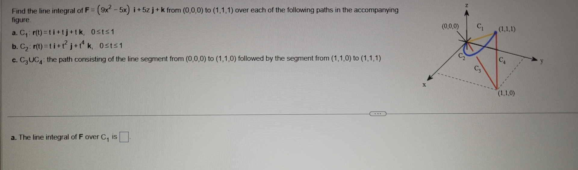 Find the line integral of F = ( 9 x 2 - 5 x ) i +