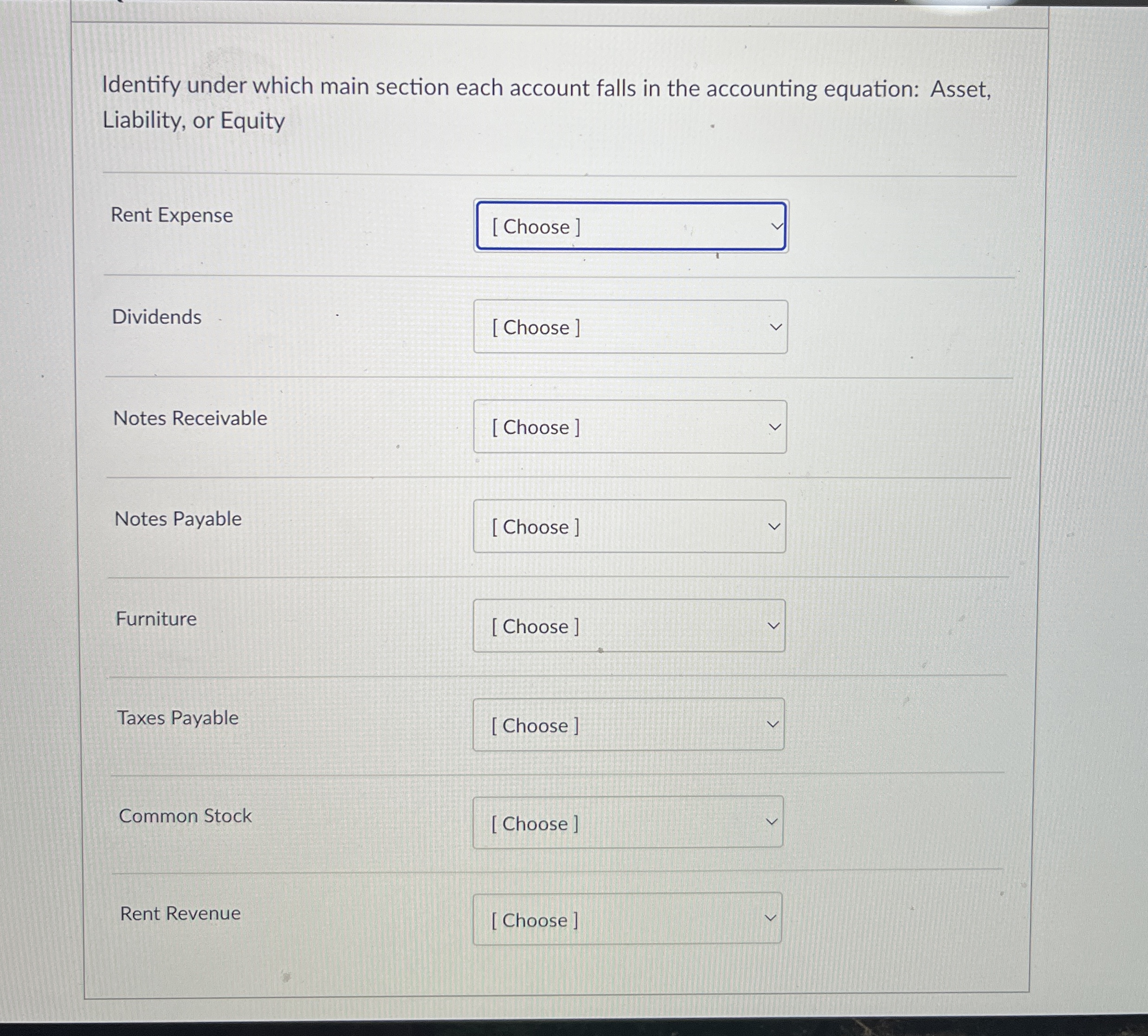 Identify under which main section each account