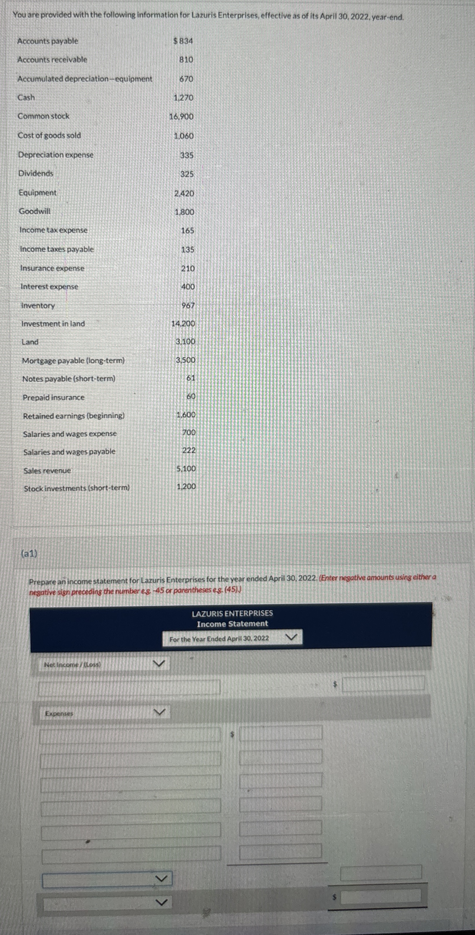 You are provided with the following information