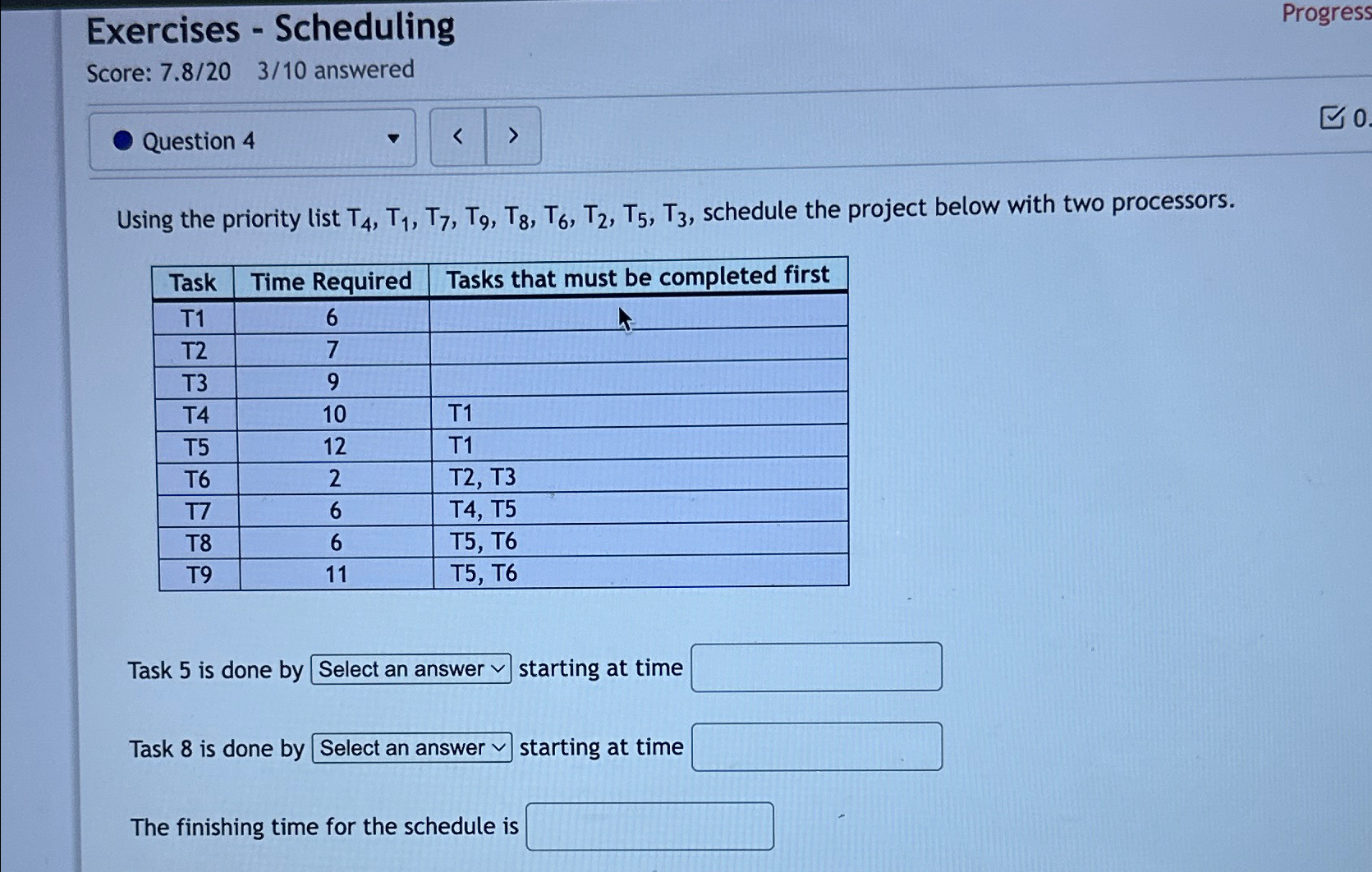 Exercises - Scheduling Progress Score: 7 . 8 / 2