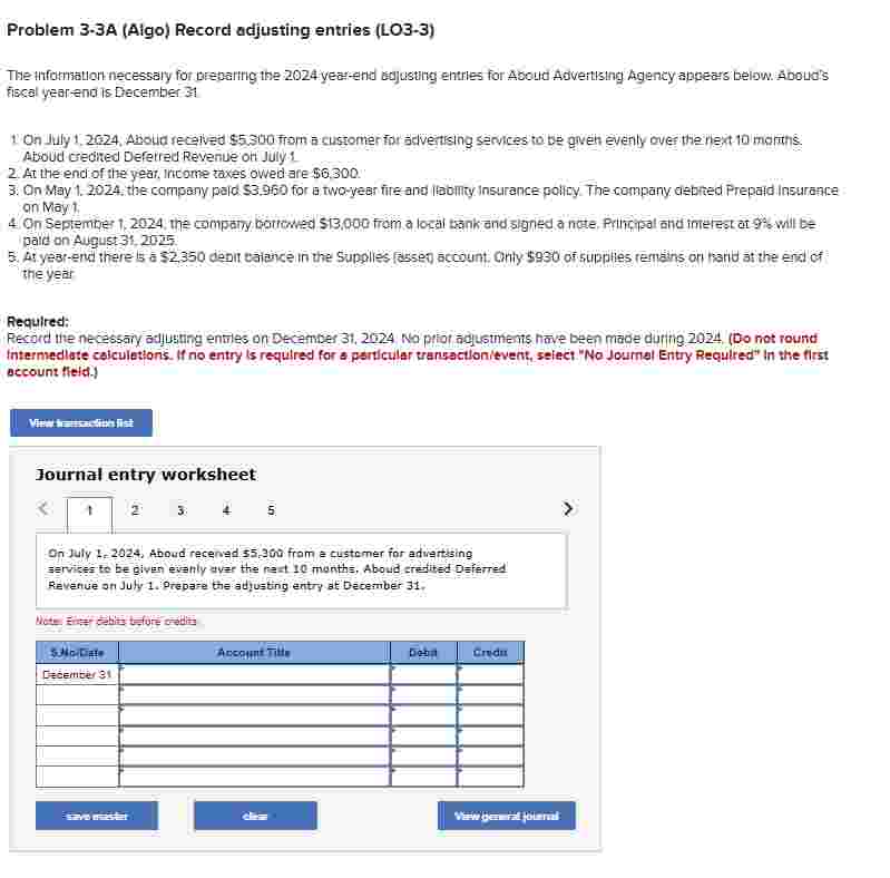 Problem 3 - 3 A ( Algo ) Record adjusting entries
