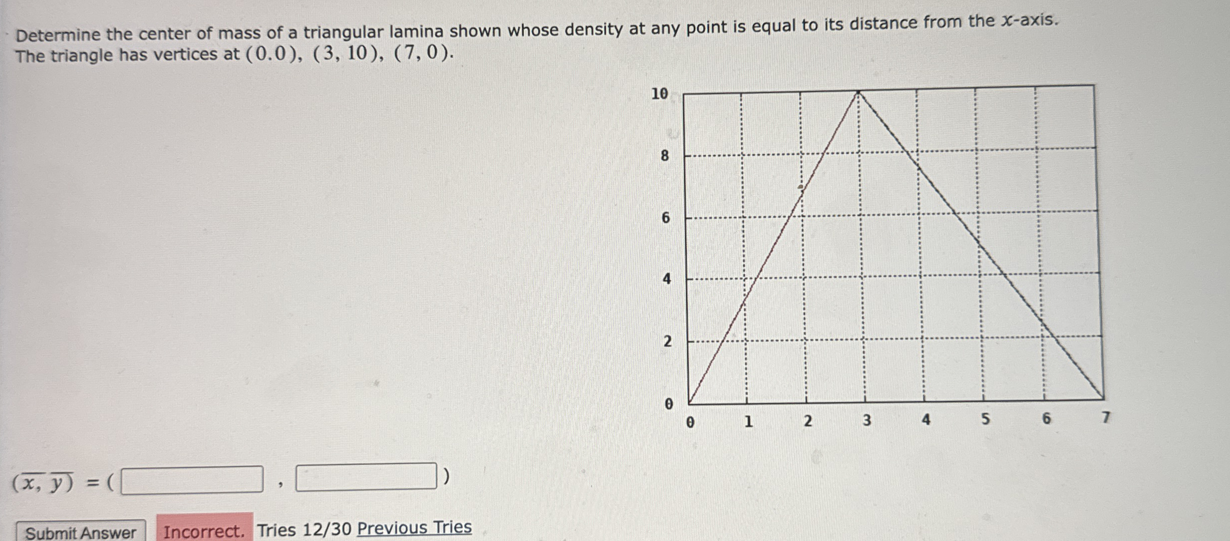 Determine the center of mass of a triangular